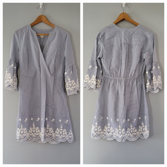 a new day Dresses & Skirts - A new day blue white striped embroidered scalloped hem bell sleeves dress small
